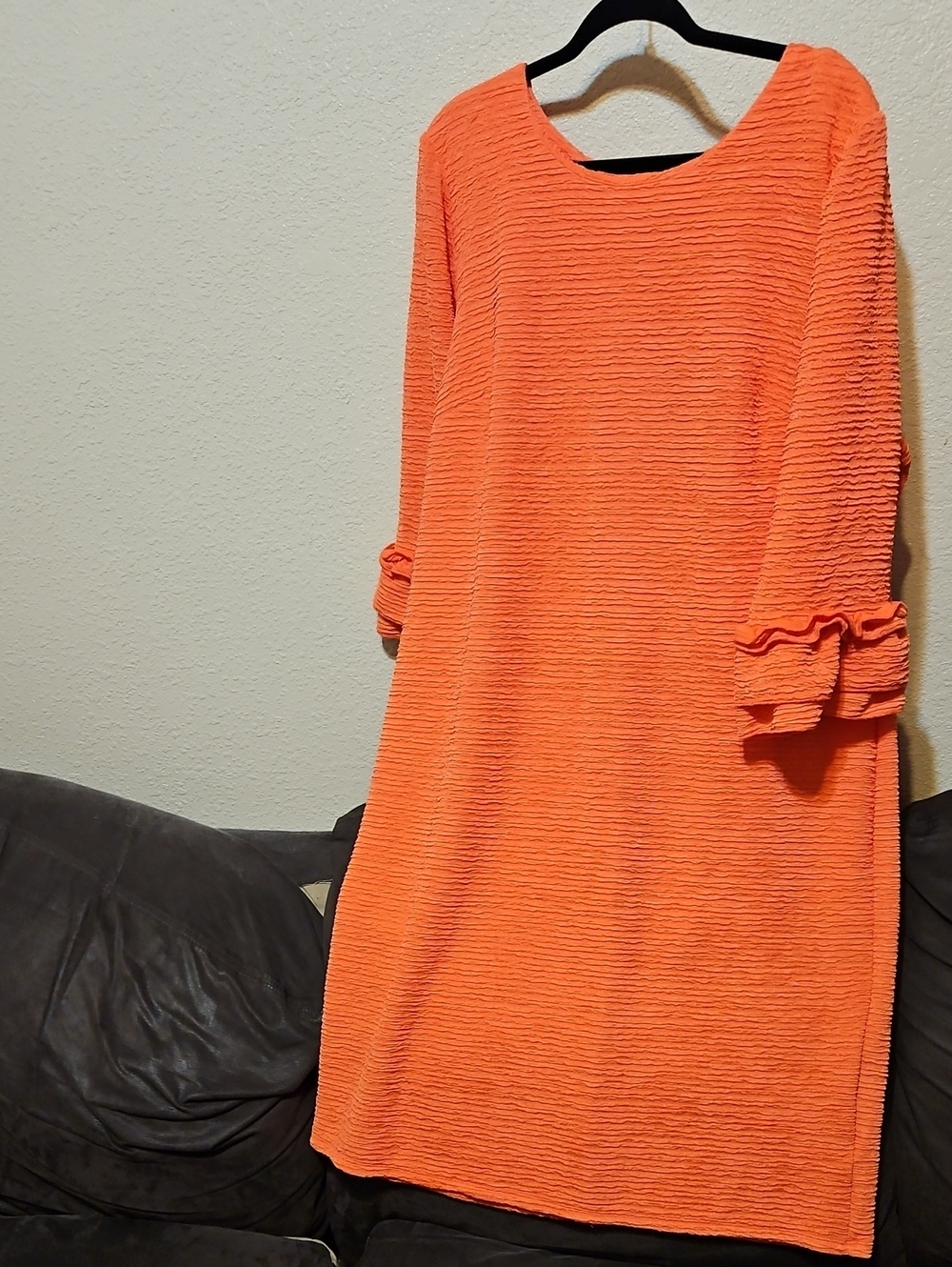 NY Collection Coral Textured Long-Sleeve Shift Dress with Ruffle Cuffs